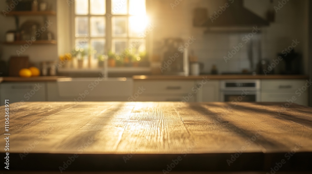 Fototapeta premium A smooth wooden table with a shiny surface, with a vintage kitchen blurred behind it, sunlight streaming through