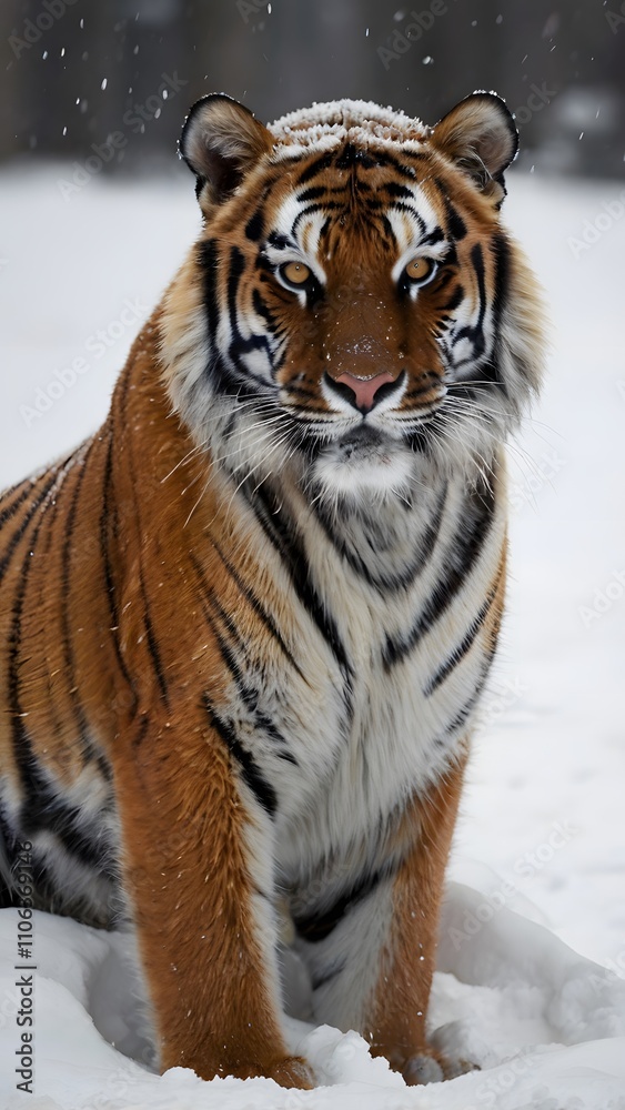 Naklejka premium Tiger in Snow Wallpaper Showcasing Majestic Wildlife, Winter Scene, Intense Gaze, and Natural Beauty