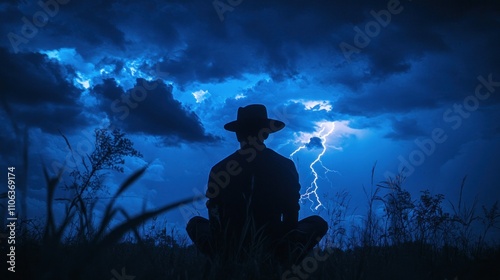 Solitary Figure Under a Stormy Night Sky