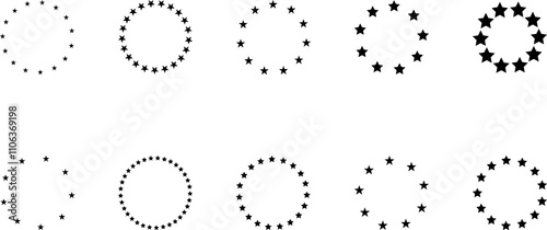 Stars of various sizes arranged in a circle. Black star shape, round frame, border vector image