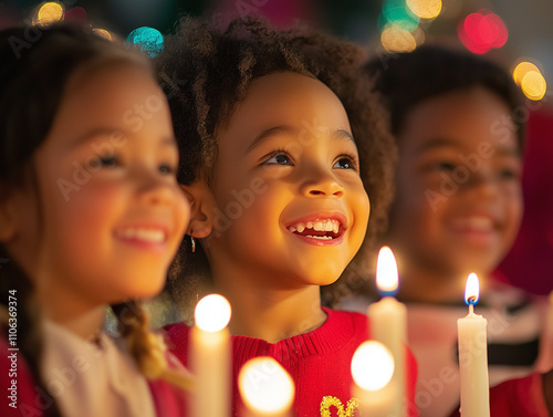 A group of children from diverse backgrounds joyfully lighting candles in a church during a multicultural Christmas celebration