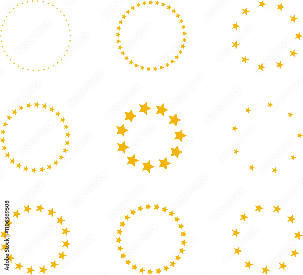 Stars of various sizes arranged in a circle. Black star shape, round frame, border vector image