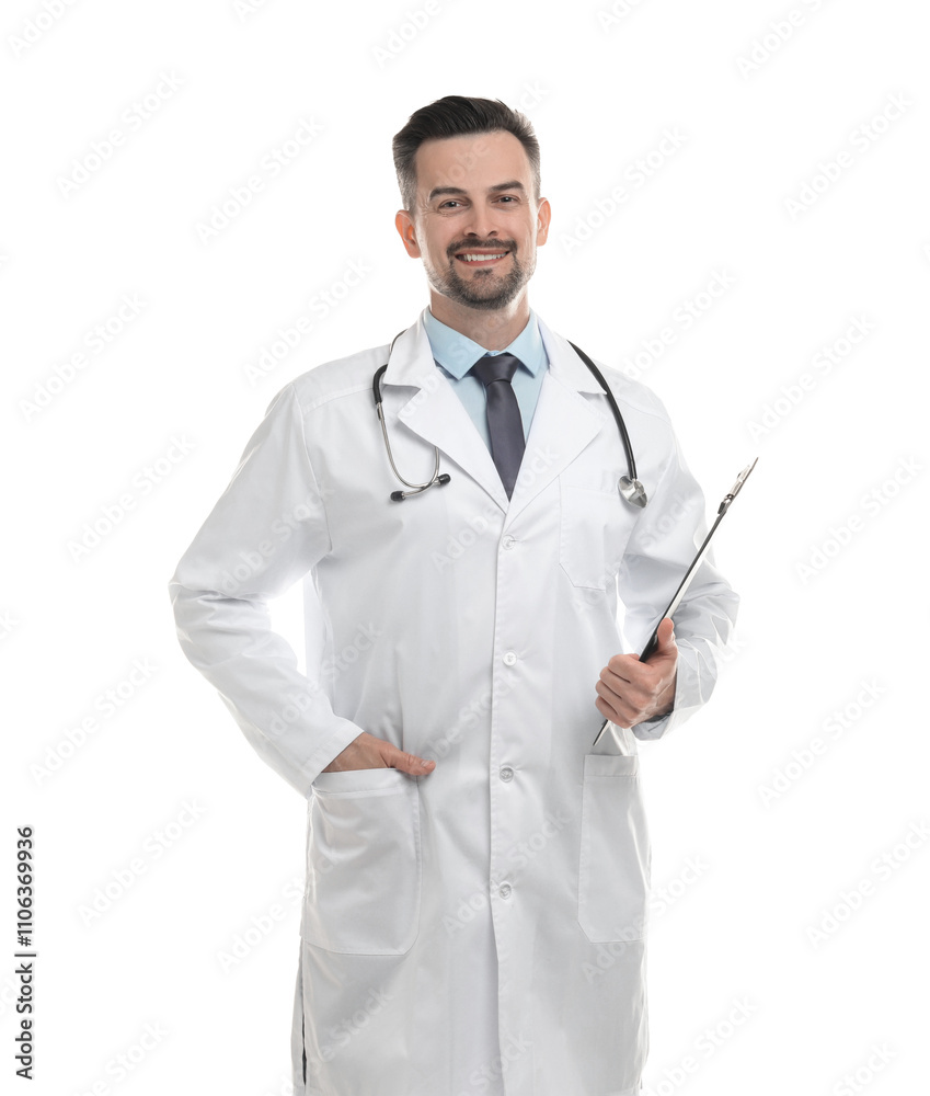 Smiling doctor with stethoscope and clipboard isolated on white Smiling doctor with stethoscope and clipboard isolated on white