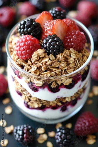 Fresh yogurt topped with juicy berries and crunchy granola, perfect for breakfast or snack