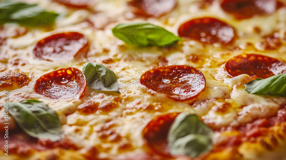 Delicious pepperoni pizza with fresh basil toppings