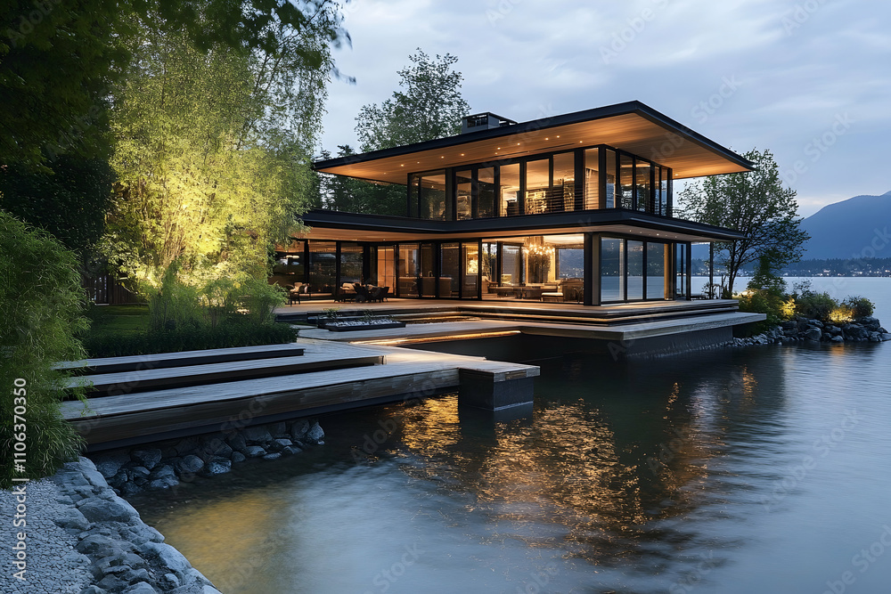 Contemporary lake house with a cantilevered design over the water . photo Contemporary lake house with a cantilevered design over the water . photo