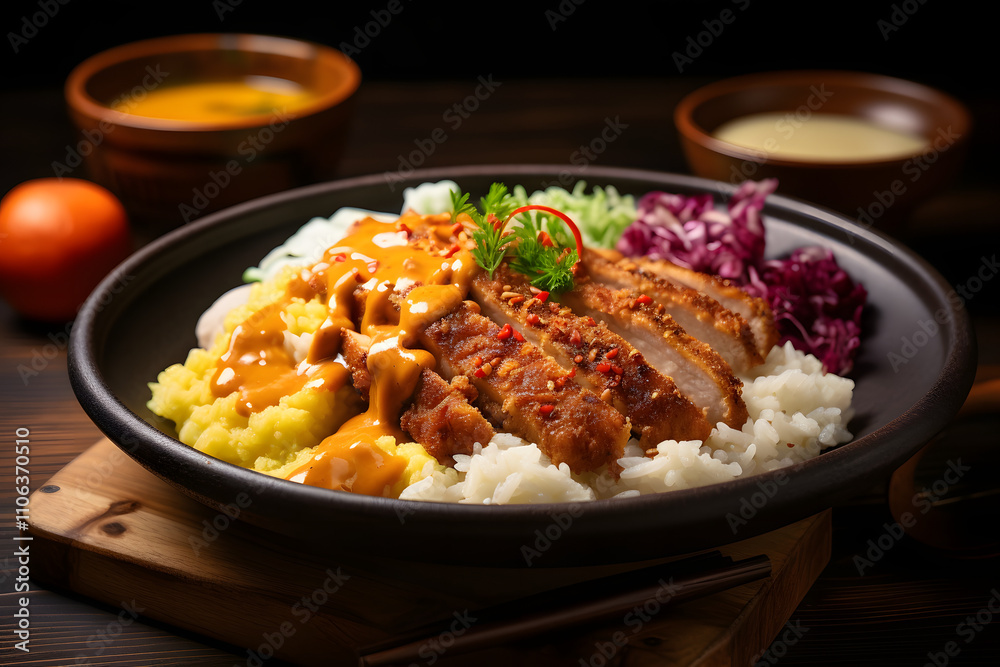 Crispy Chicken Cutlet Bowl with Rice and Vegetables Crispy Chicken Cutlet Bowl with Rice and Vegetables