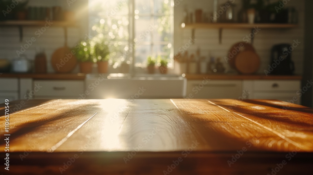 Fototapeta premium A smooth wooden table with a shiny surface, with a vintage kitchen blurred behind it, sunlight streaming through