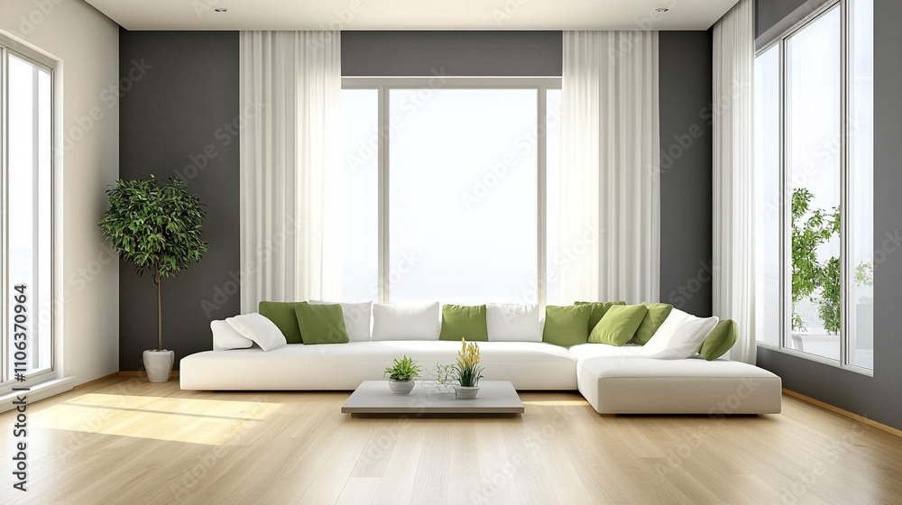 Fototapeta premium Modern Living Room Interior Design White Sofa Green Pillows Large Windows