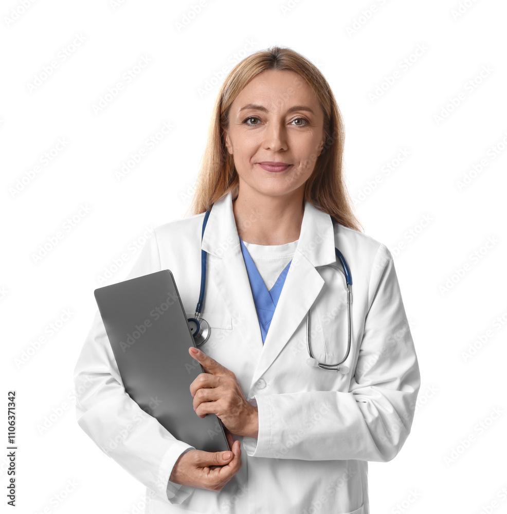 Doctor with stethoscope and laptop on white background Doctor with stethoscope and laptop on white background