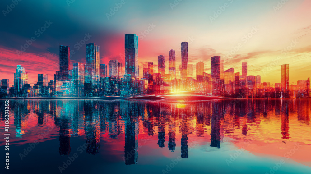 Fototapeta premium Vibrant urban skyline at sunset reflecting over water