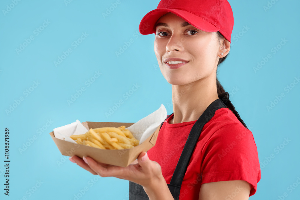 Fast-food worker holding paper container with fries on light blue background Fast-food worker holding paper container with fries on light blue background