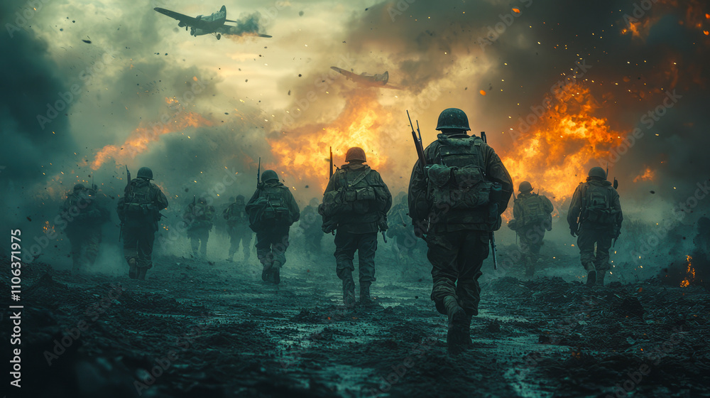 Intense battle scene with soldiers and explosions in wartime