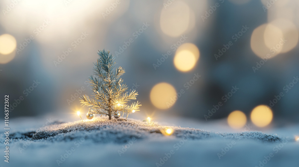 Festive Miniature Christmas Tree in Snowy Winter Scene with Lights Festive Miniature Christmas Tree in Snowy Winter Scene with Lights