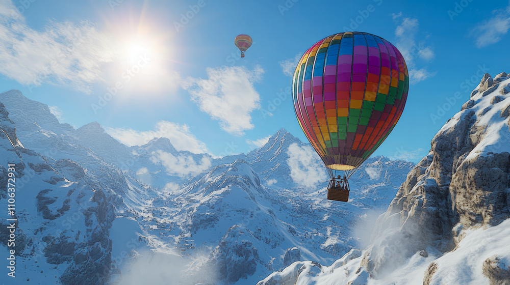 Colorful hot air balloon soaring over snowy mountains at sunrise Colorful hot air balloon soaring over snowy mountains at sunrise