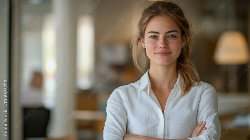 Confident young woman with crossed arms in a modern office space, businessperson with copy space for text, company CEO
Confident young woman with crossed arms in a modern office space, businessperson with copy space for text, company CEO