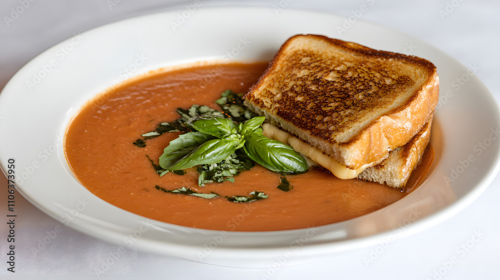 A bowl of creamy tomato soup garnished with fresh basil served with a grilled cheese sandwich. A bowl of creamy tomato soup garnished with fresh basil served with a grilled cheese sandwich.