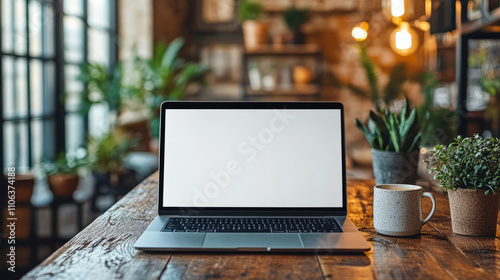 Laptop on wooden desk in cozy cafe with plants and minimalist decor