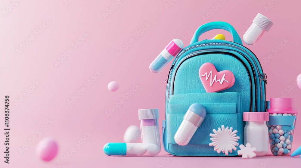 concept health warning Prevention monitoring. Bright blue backpack surrounded by colorful containers on a pink background. concept health warning Prevention monitoring. Bright blue backpack surrounded by colorful containers on a pink background.