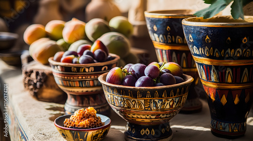 An ancient Egyptian banquet with figs grapes and honeycomb served on intricately painted pottery.