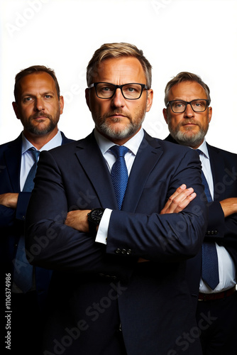 A group of three men in suits and ties standing with their arms crossed