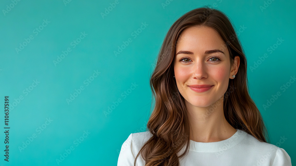 Smiling caucasian young adult female against teal background Smiling caucasian young adult female against teal background