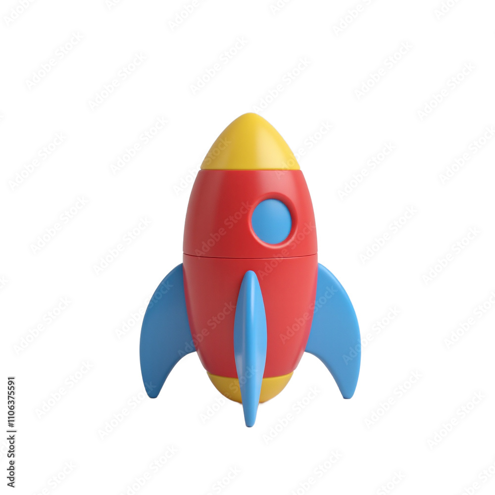 Toy like rocket with red body blue fins and round window on neutral backdrop Toy like rocket with red body blue fins and round window on neutral backdrop