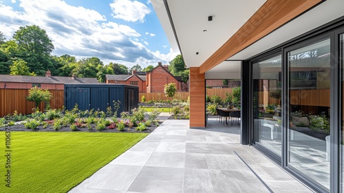 Contemporary Home with Patio, Landscaped Garden, Outbuilding and Sunny Sky on a Summer Day