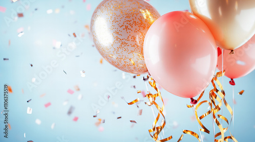 Floating golden streamers and colorful balloons create a festive atmosphere for a celebration