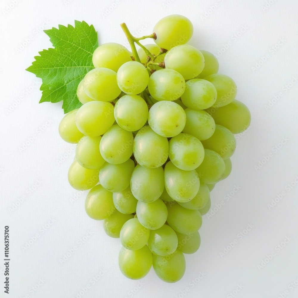 A bunch of fresh green grapes with a single leaf on a white background, AI A bunch of fresh green grapes with a single leaf on a white background, AI