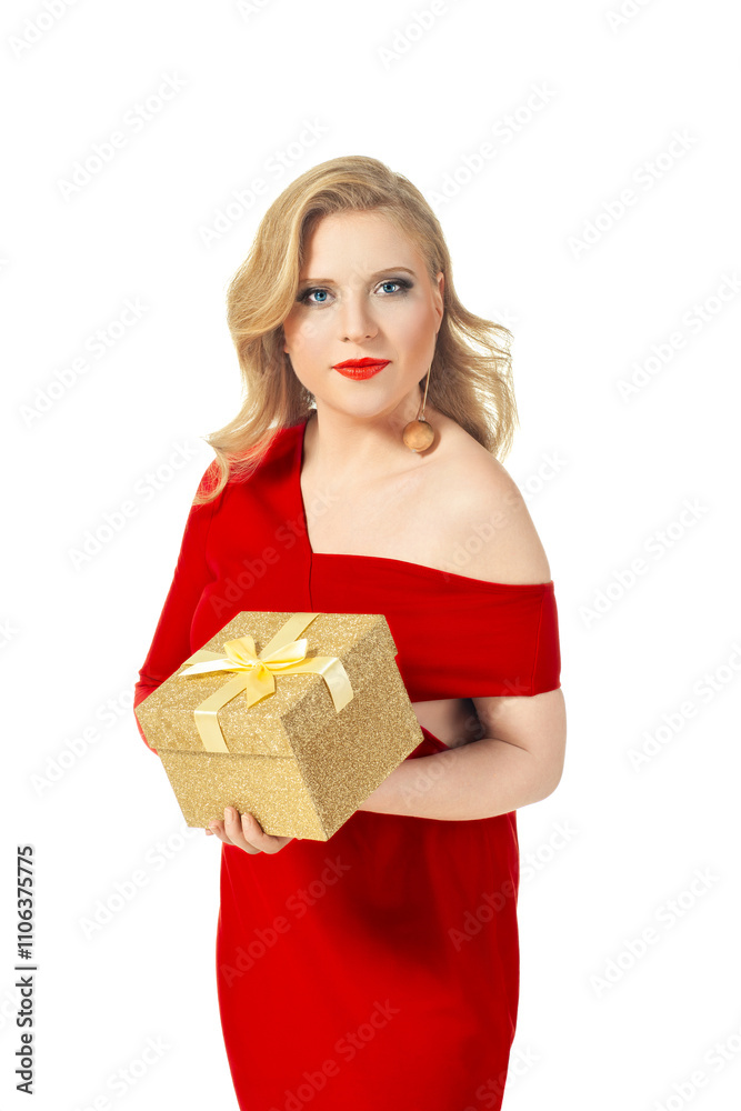 Smiling Woman in Red Dress Holding a Gold Gift Box Isolated on White