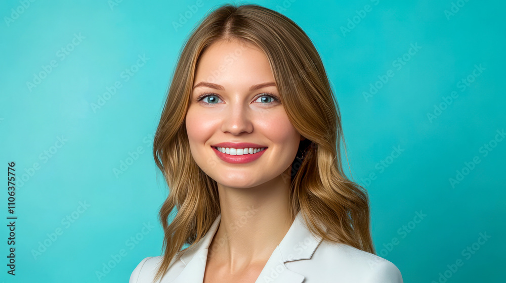 Young caucasian female smiling in formal attire against blue background Young caucasian female smiling in formal attire against blue background