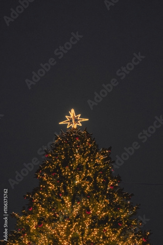 A towering Christmas tree glows against a dark sky, topped with a bright star. Its branches are adorned with shimmering lights and festive ornaments, creating a warm holiday atmosphere. photo