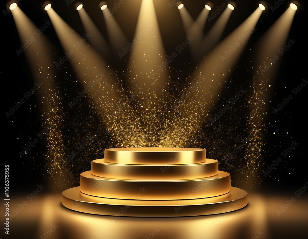 Gold background podium award stage light golden win 3D platform. Background luxury gold podium winner ceremony spotlight star abstract shine prize champion design victory show product template studio