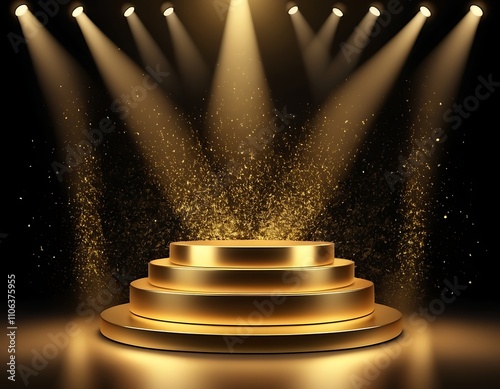 Gold background podium award stage light golden win 3D platform. Background luxury gold podium winner ceremony spotlight star abstract shine prize champion design victory show product template studio