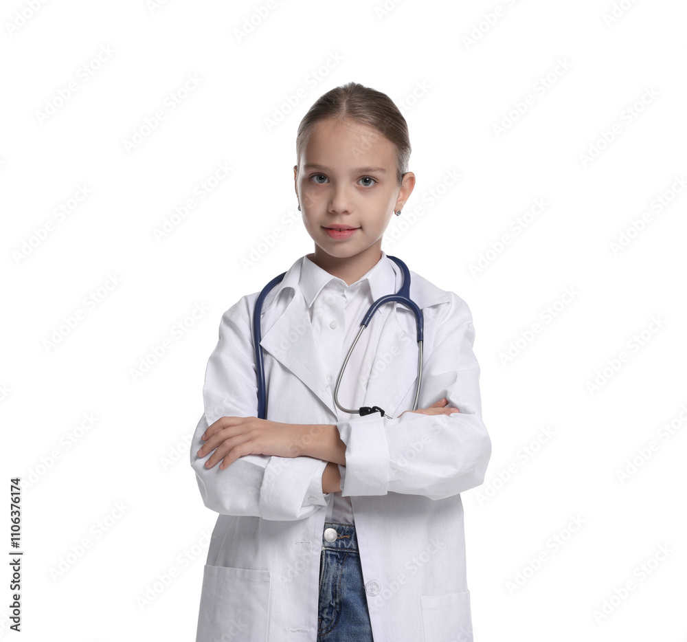 Girl with stethoscope pretending to be doctor on white background. Dreaming of future profession Girl with stethoscope pretending to be doctor on white background. Dreaming of future profession