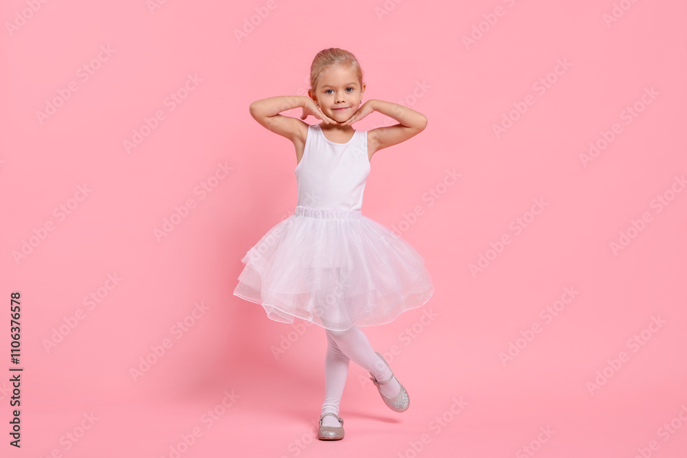 Little girl pretending to be ballerina on pink background. Dreaming of future profession Little girl pretending to be ballerina on pink background. Dreaming of future profession