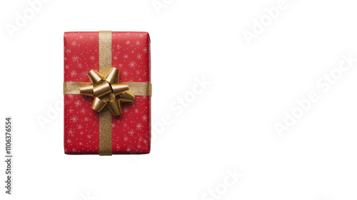 Red christmas gift box with golden ribbon and bow on transparent background