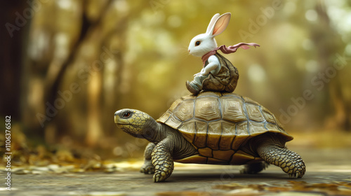 White rabbit wearing clothes and pink scarf riding a turtle in a forest, 3d render digital illustration based on the tortoise and hare allegory