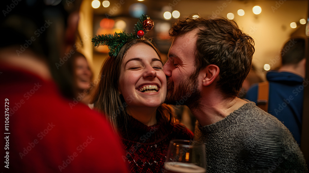 A cheeky mistletoe kiss between friends at a casual Christmas gathering with drinks and laughter all around. A cheeky mistletoe kiss between friends at a casual Christmas gathering with drinks and laughter all around.