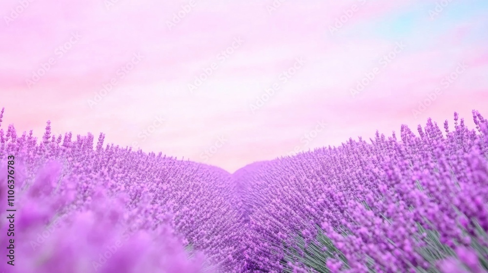 Fototapeta premium Lavender fields stretch under a pastel sky, creating a serene and dreamy landscape, AI