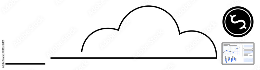 Simple cloud outline connected to a dollar symbol and a financial growth chart. Ideal for finance, cloud computing, investment, data analysis, financial planning, digital transformation, economic Simple cloud outline connected to a dollar symbol and a financial growth chart. Ideal for finance, cloud computing, investment, data analysis, financial planning, digital transformation, economic