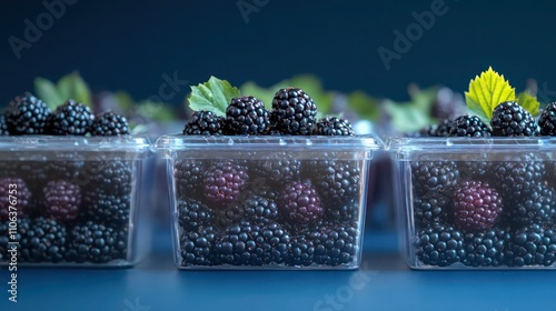 Fresh blackberries, delicately arranged in transparent containers with a deep midnight blue background.
