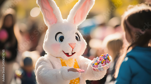 A cheerful Easter bunny costume handing out candy to children at a springtime festival.