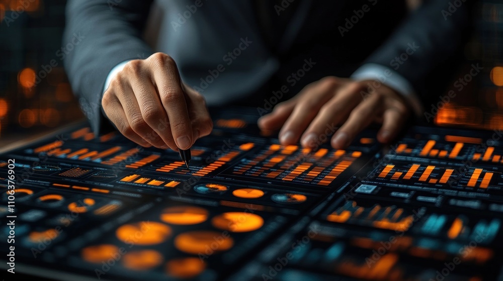 Data Analysis: A Close-Up of Hands Interacting with a Futuristic Interface Displaying Complex Charts and Graphs Data Analysis: A Close-Up of Hands Interacting with a Futuristic Interface Displaying Complex Charts and Graphs