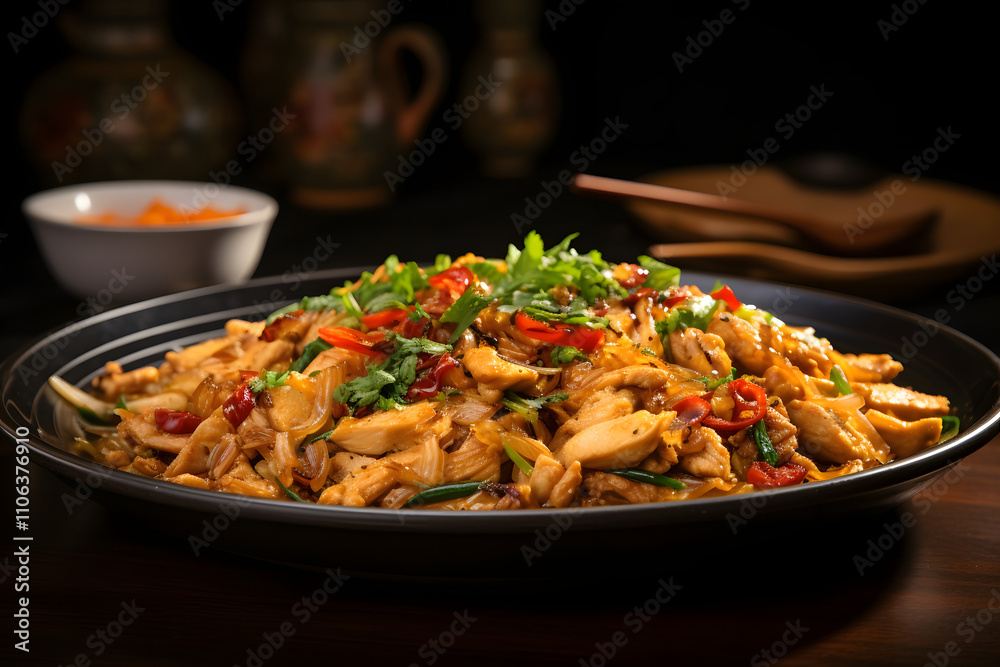 Spicy Stir-Fried Chicken with Red Chili and Fresh Cilantro Garnish Spicy Stir-Fried Chicken with Red Chili and Fresh Cilantro Garnish