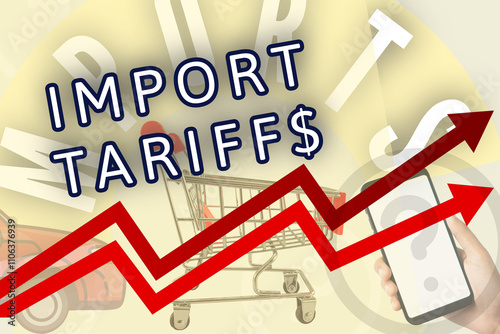 illustration concept of import tariffs tariff with arrows and grocery auto electronics focus economy question mark background