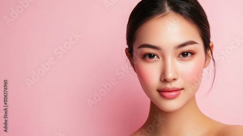 An Asian woman poses with impeccable skin against a pastel pink backdrop, reflecting skincare excellence and elegance in a commercial context.