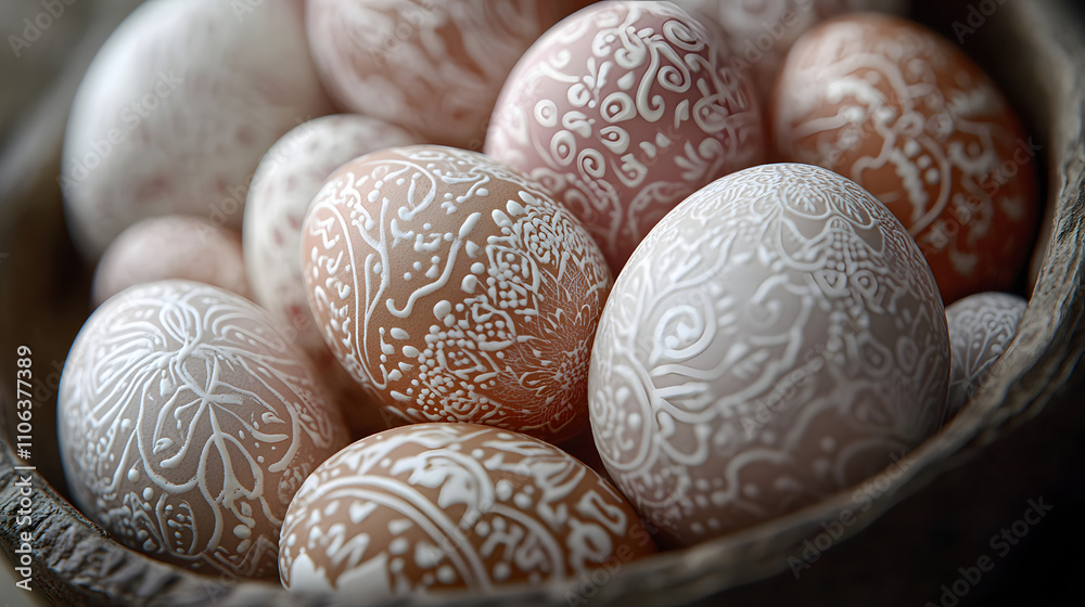 A close-up of intricately painted Easter eggs in soft pastel shades arranged in a rustic bowl. A close-up of intricately painted Easter eggs in soft pastel shades arranged in a rustic bowl.
