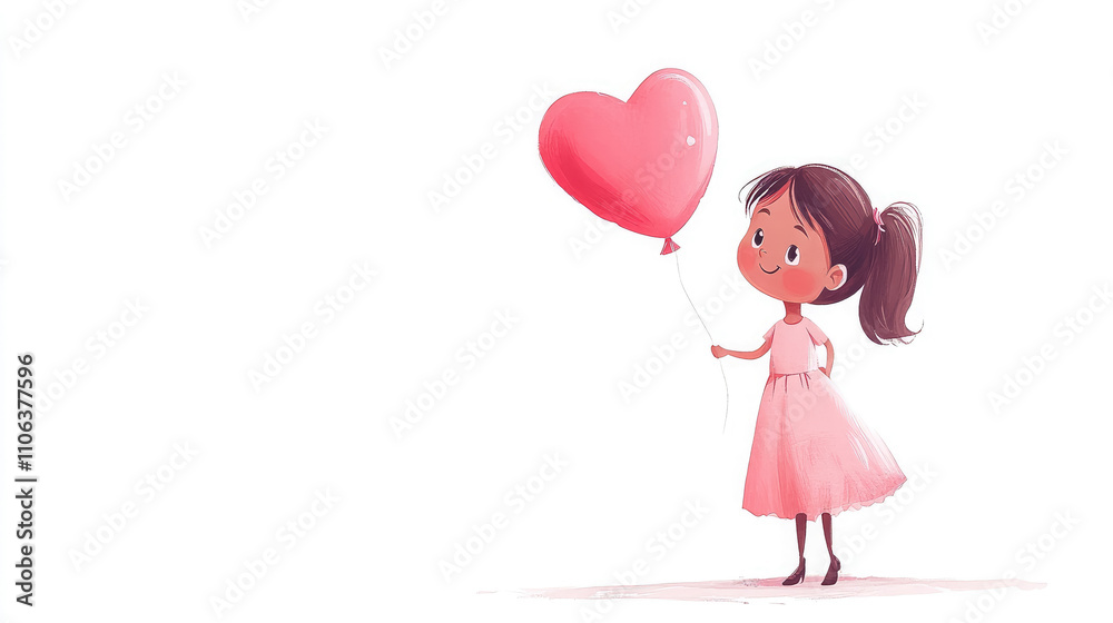cute smiling girl in pink dress holding heart shaped balloon on white background, valentine's day cute smiling girl in pink dress holding heart shaped balloon on white background, valentine's day